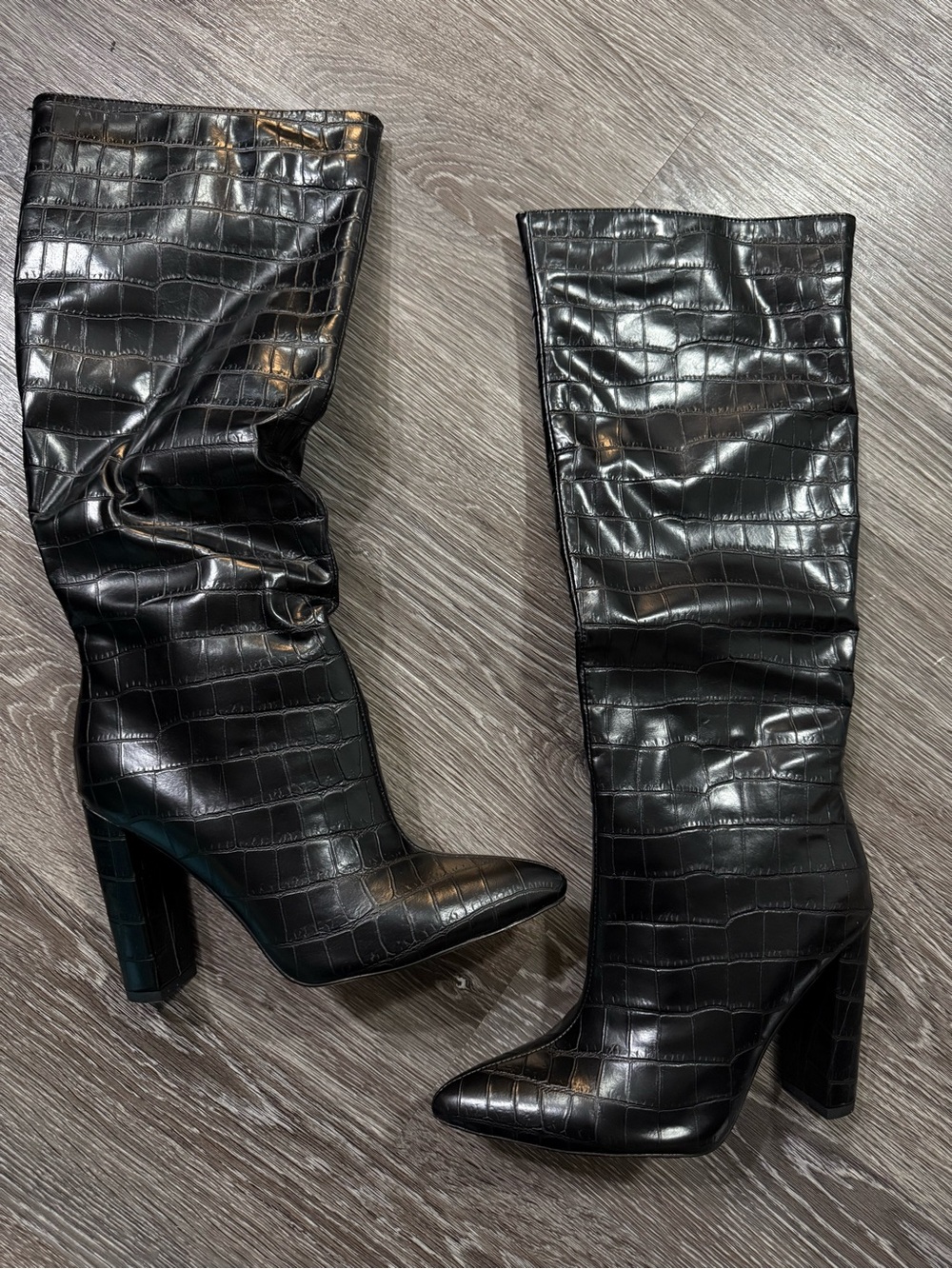 Black Croc-Embossed Knee Boot with Block Heel - Women Sz 8